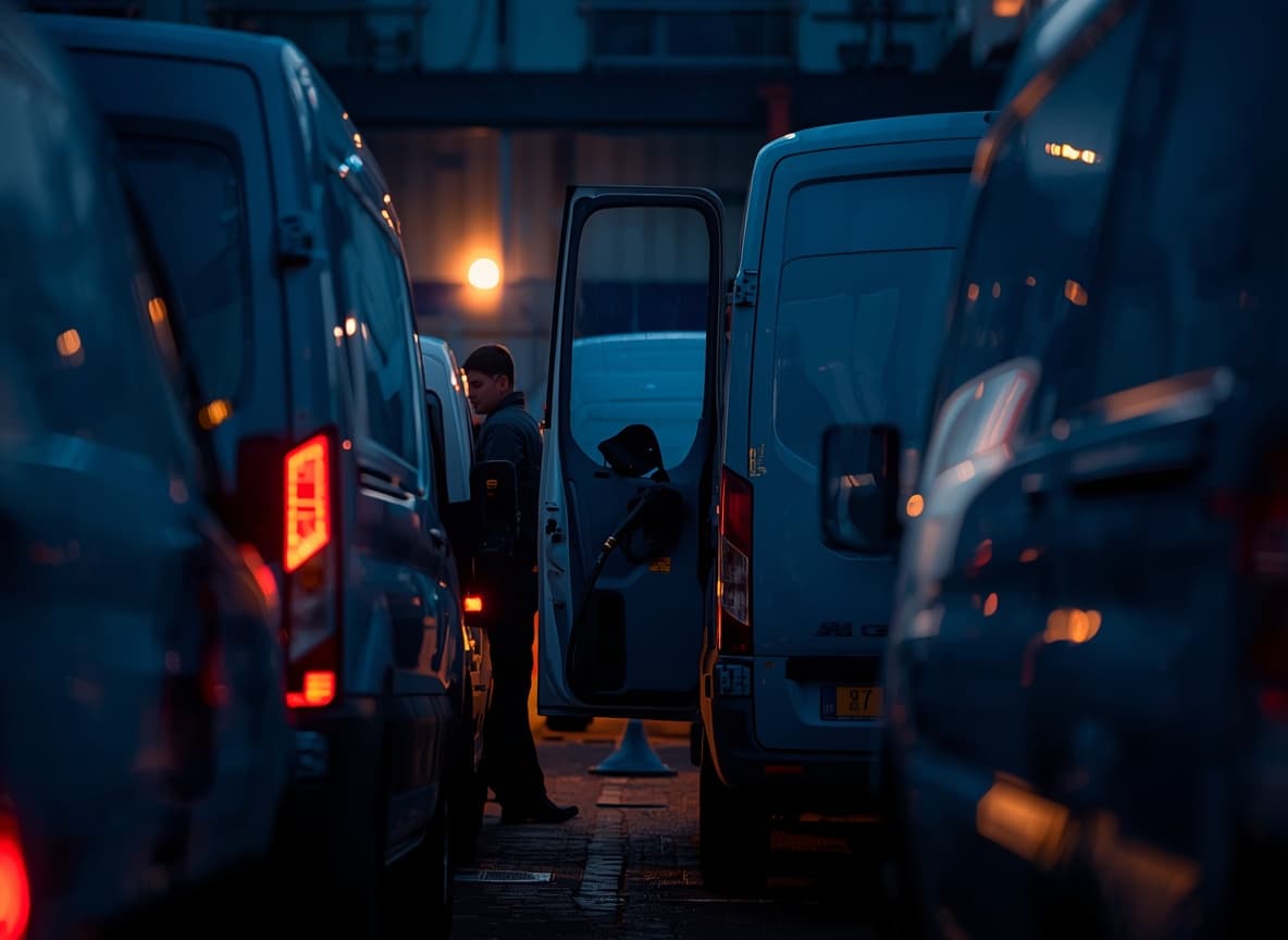 Photo: EMF driver fueling a fleet van at a logistics yard, overnight shift